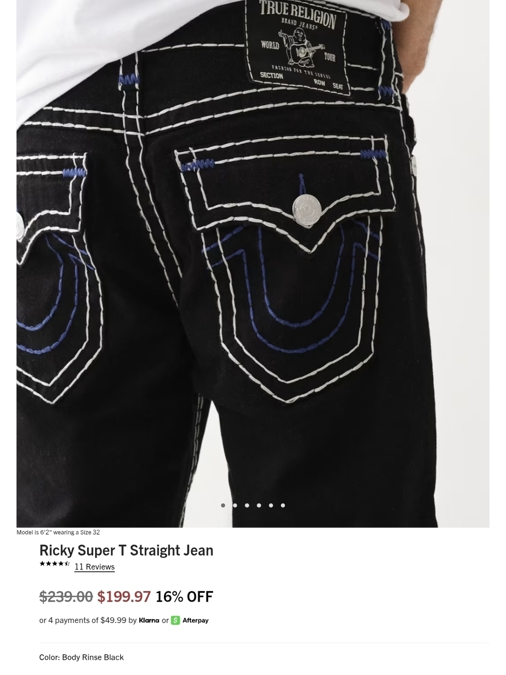 True Religion Ricky Super T Straight Jeans - Black White Blue Sz. 38 BNWT